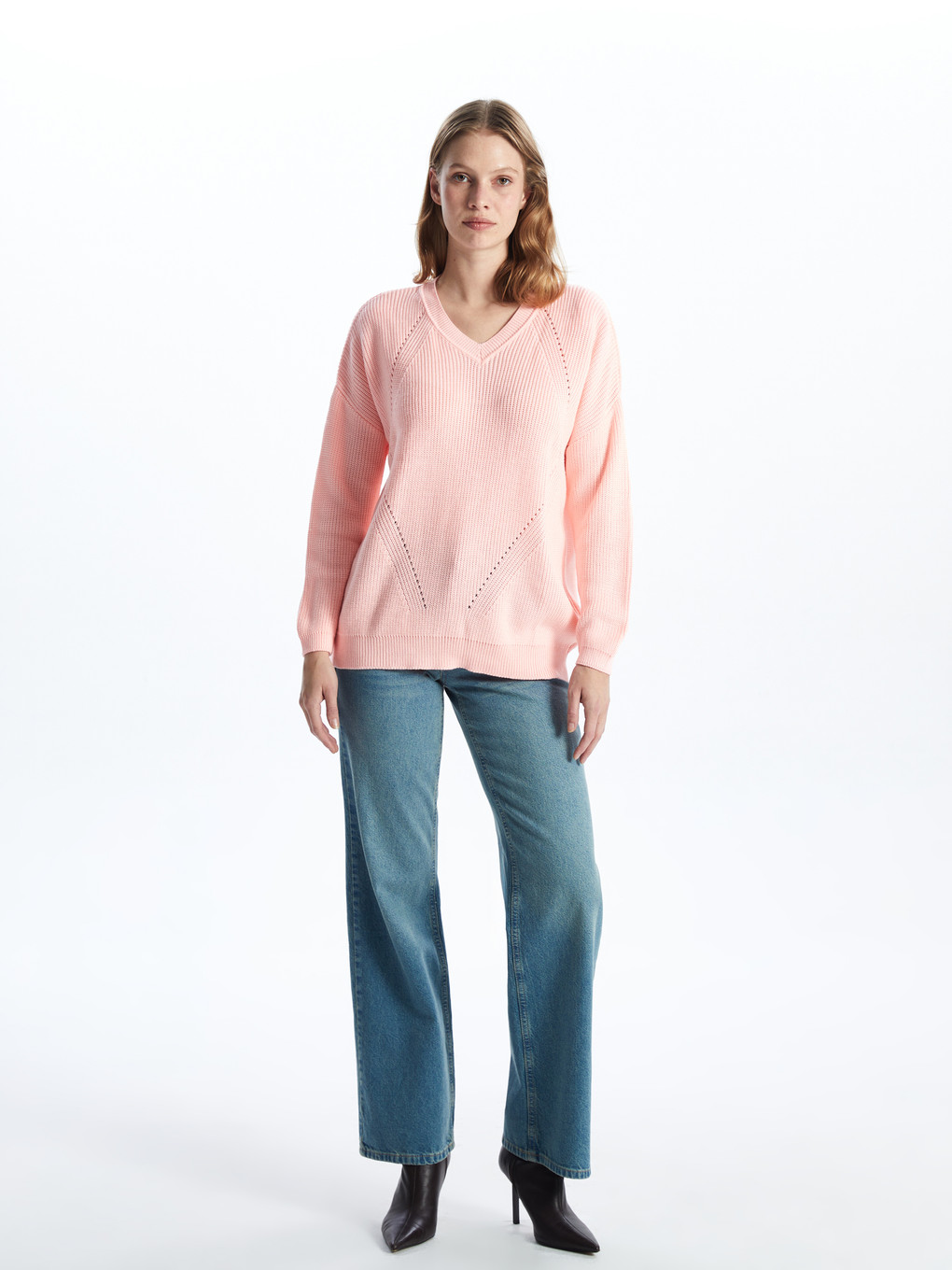 V-neck Hole-knitted Long Sleeve Women's Knitwear Sweater-1