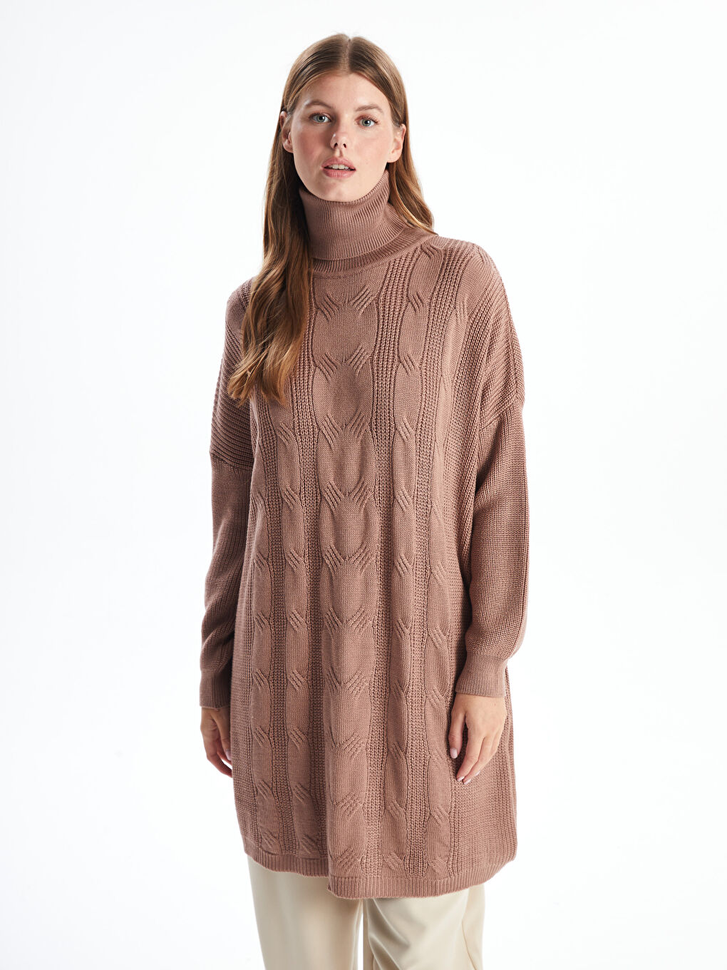 Turtleneck Self Patterned Oversize Women's Knitwear Tunic