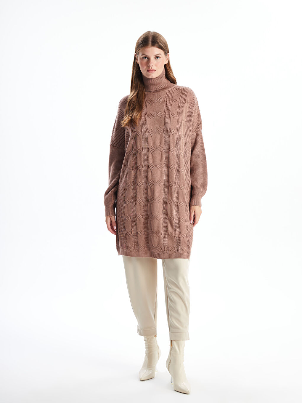 Turtleneck Self Patterned Oversize Women's Knitwear Tunic-1