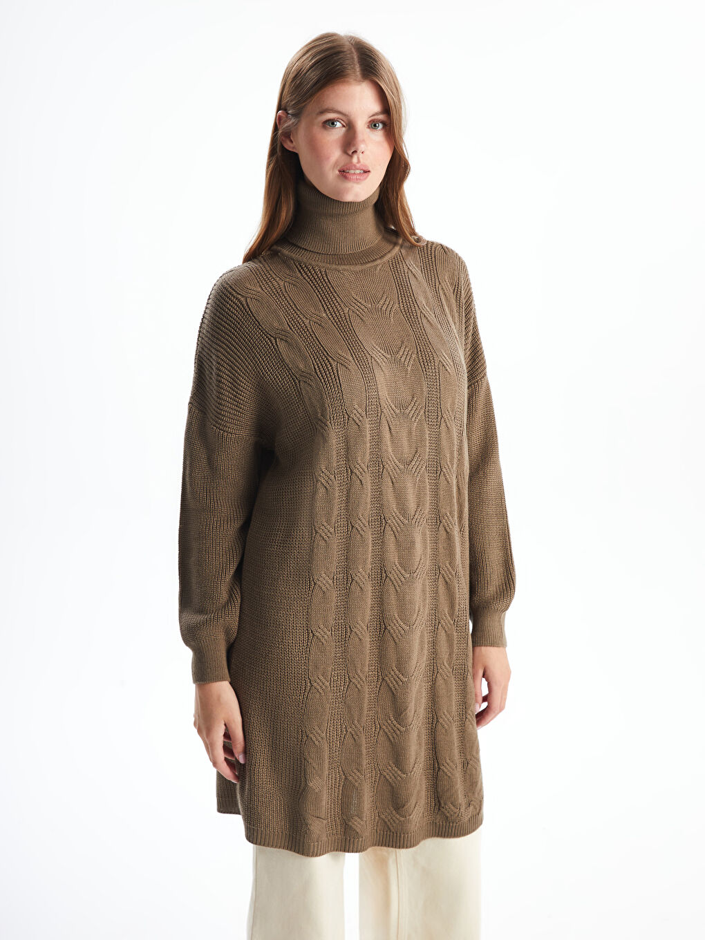 Turtleneck Self Patterned Oversize Women's Knitwear Tunic -W4IC54Z8-GMZ