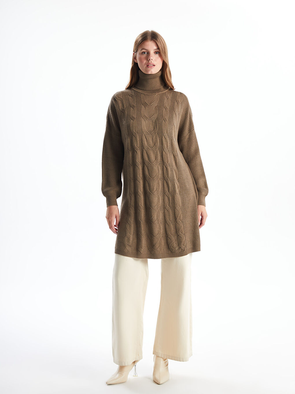 Turtleneck Self Patterned Oversize Women's Knitwear Tunic -W4IC54Z8-GMZ
