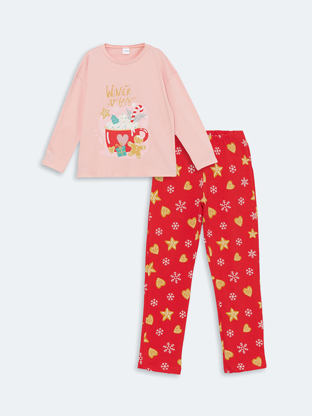 LCW Kids Pembe Bisiklet Yaka Baskılı Uzun Kollu Kız Çocuk Pijama Takımı