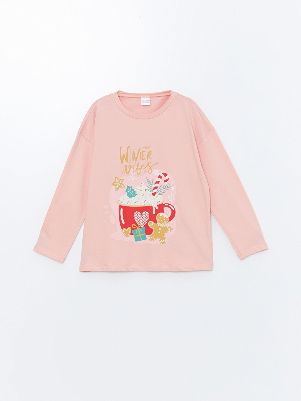 LCW Kids Pembe Bisiklet Yaka Baskılı Uzun Kollu Kız Çocuk Pijama Takımı - 1