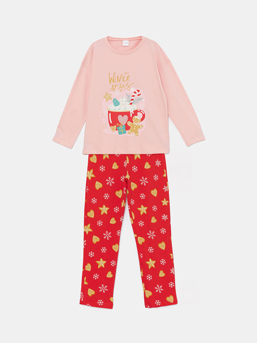 Қыздарға арналған дөңгелек жағалы принтті ұзын жең пижама жинағы