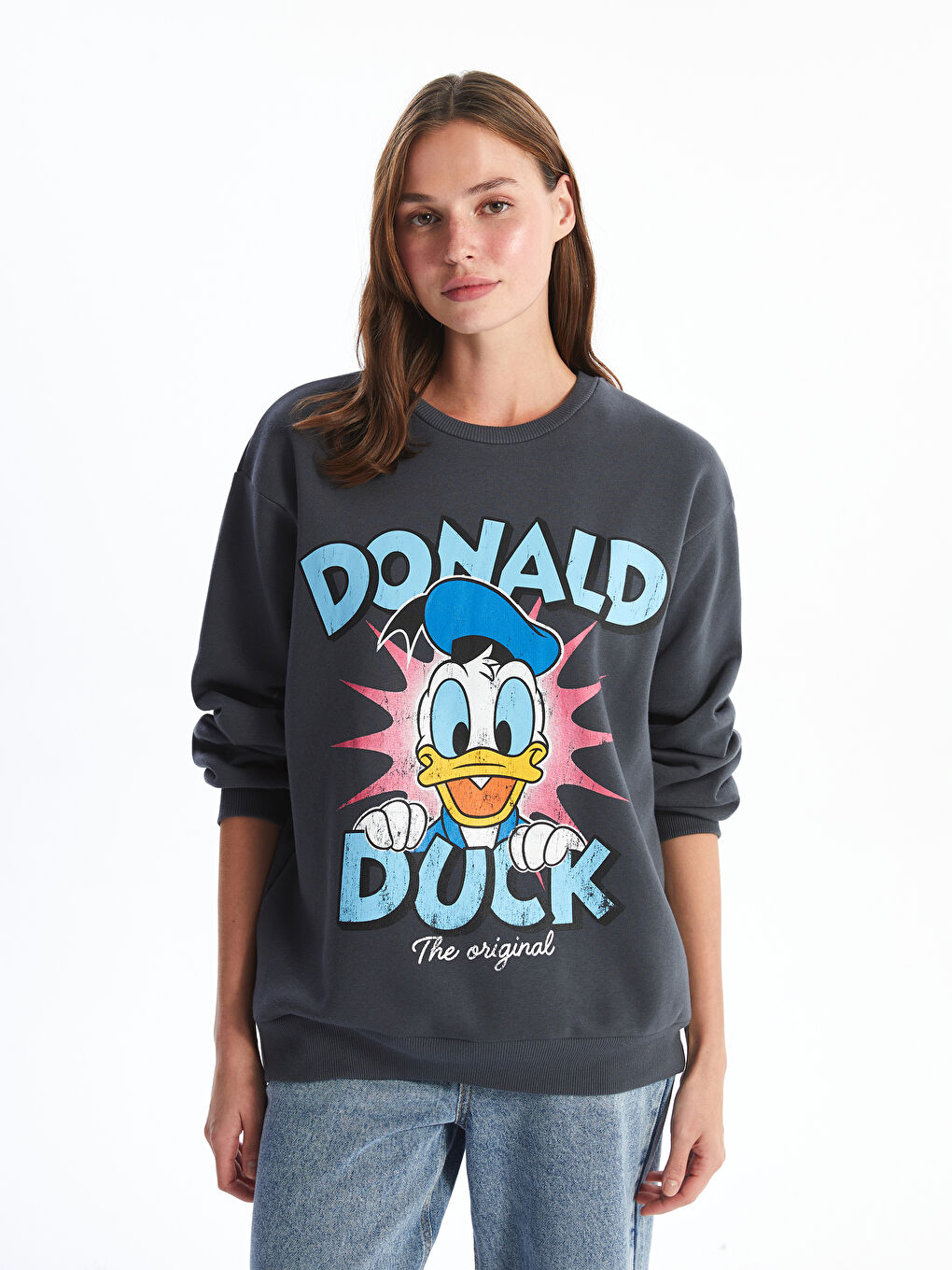 XSIDE Antrasit Bisiklet Yaka Donald Duck Baskılı Kadın Kalın Sweatshirt