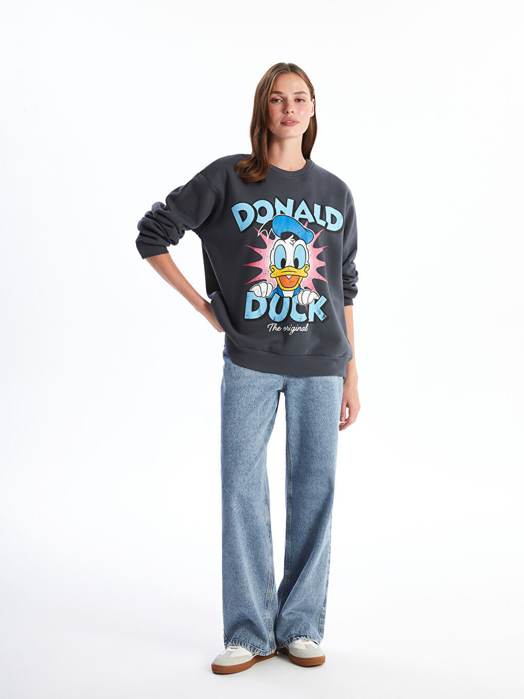 XSIDE Antrasit Bisiklet Yaka Donald Duck Baskılı Kadın Kalın Sweatshirt - 1