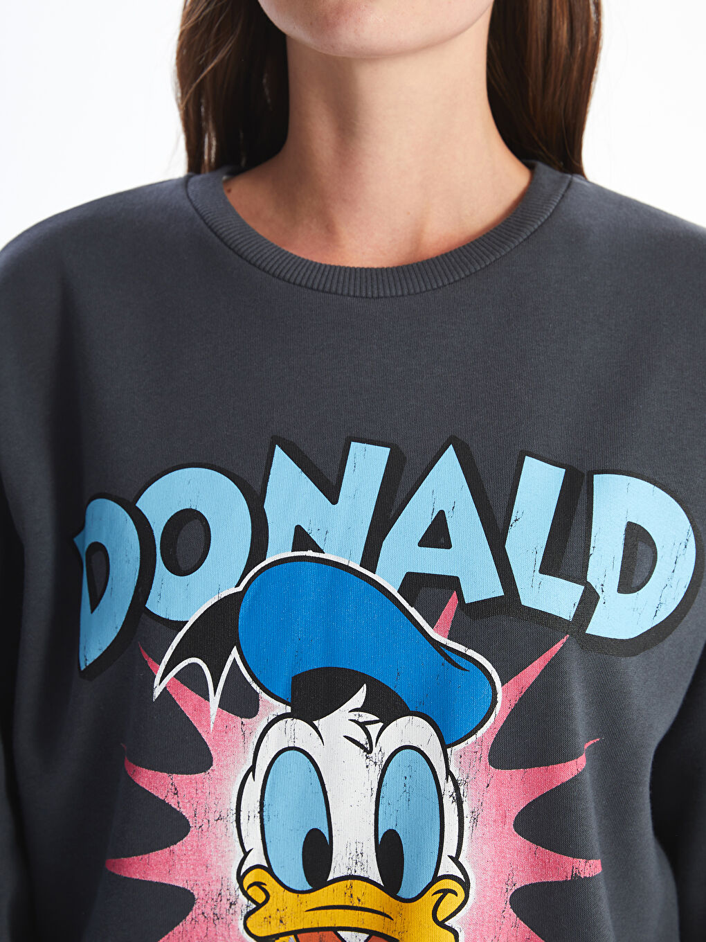 XSIDE Antrasit Bisiklet Yaka Donald Duck Baskılı Kadın Kalın Sweatshirt - 2