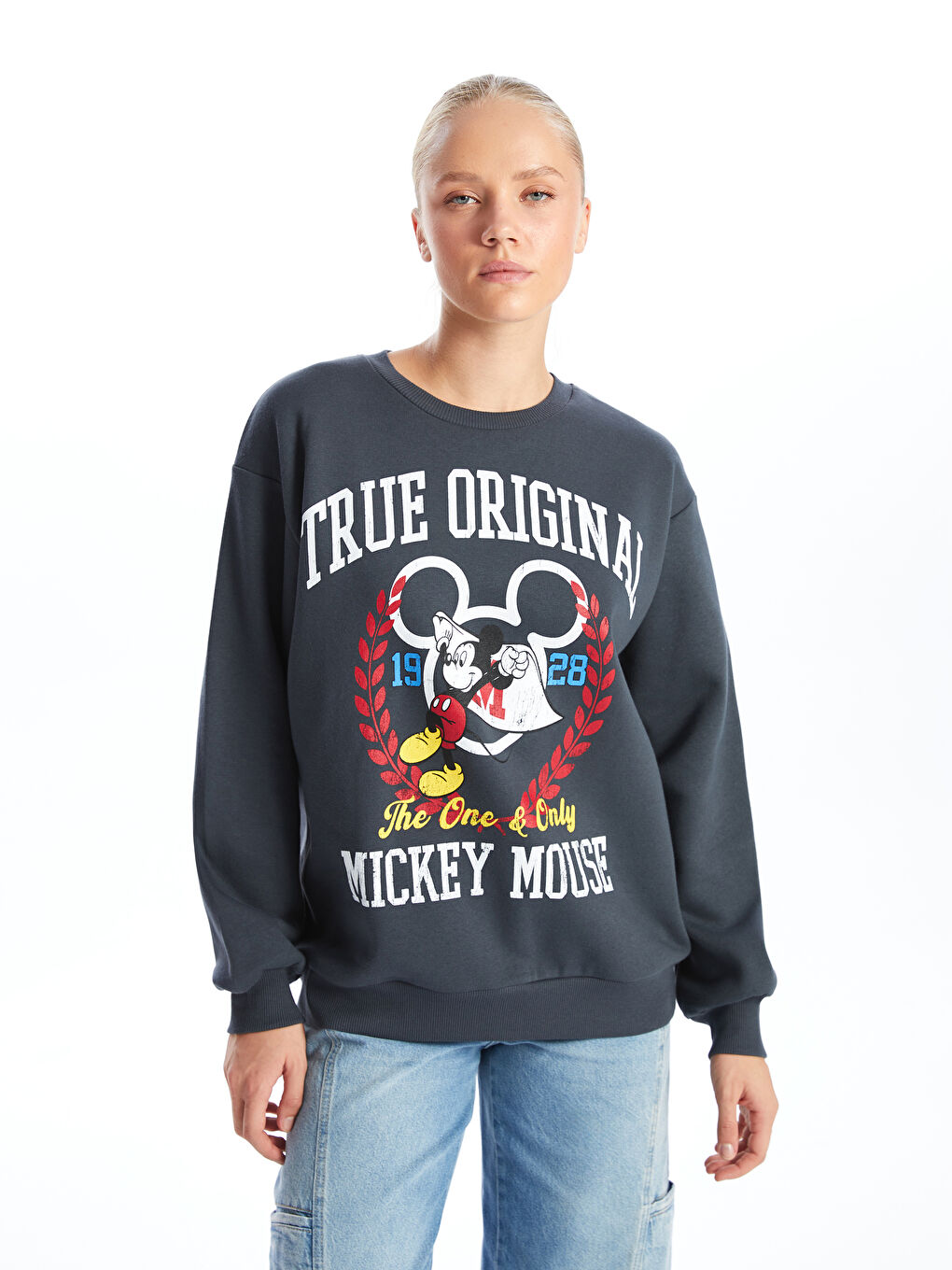 XSIDE Antrasit Bisiklet Yaka Mickey Mouse Baskılı Oversize Kadın Sweatshirt