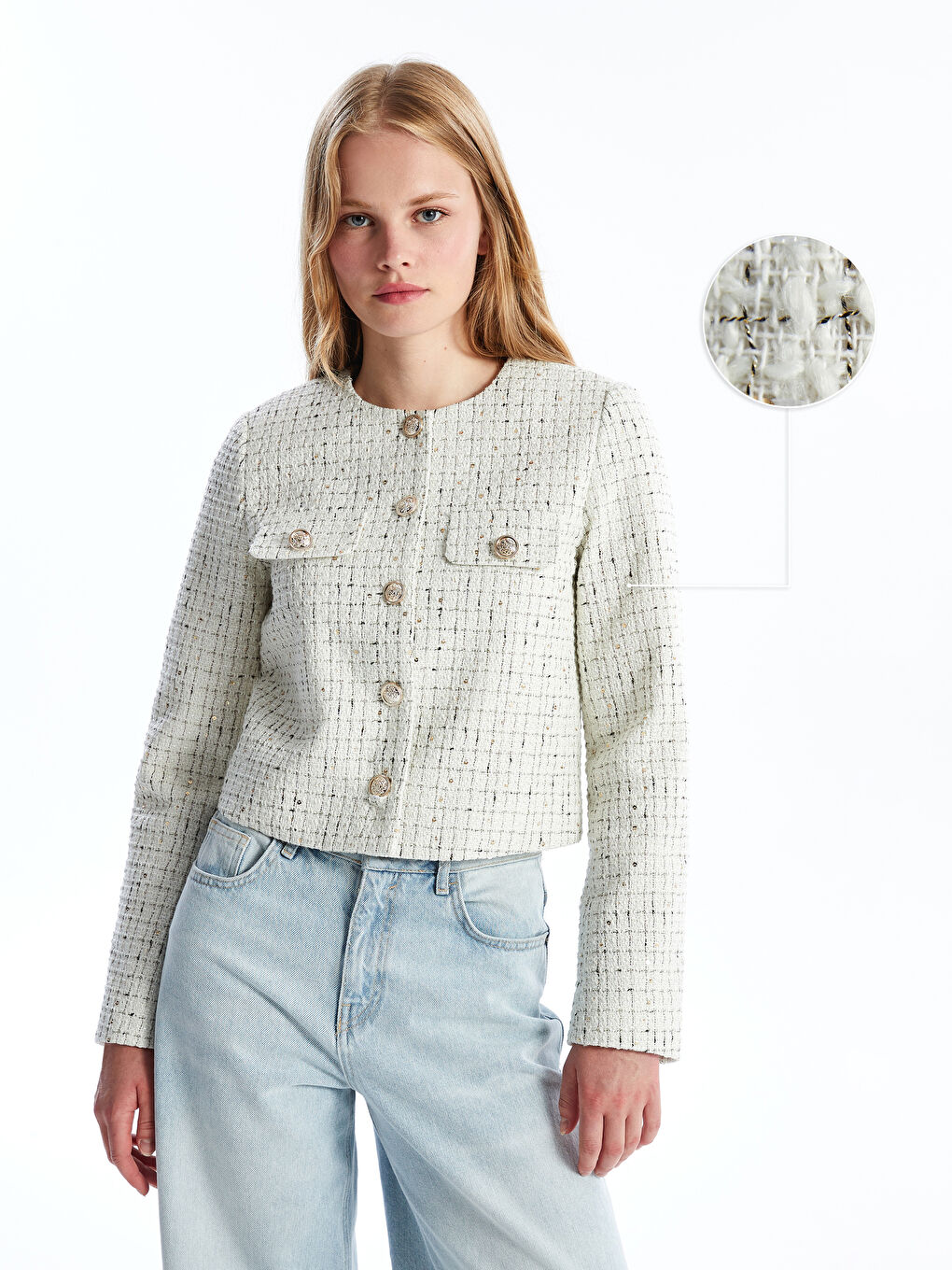 Пиджак из твида в клетку с круглым вырезом для женщин