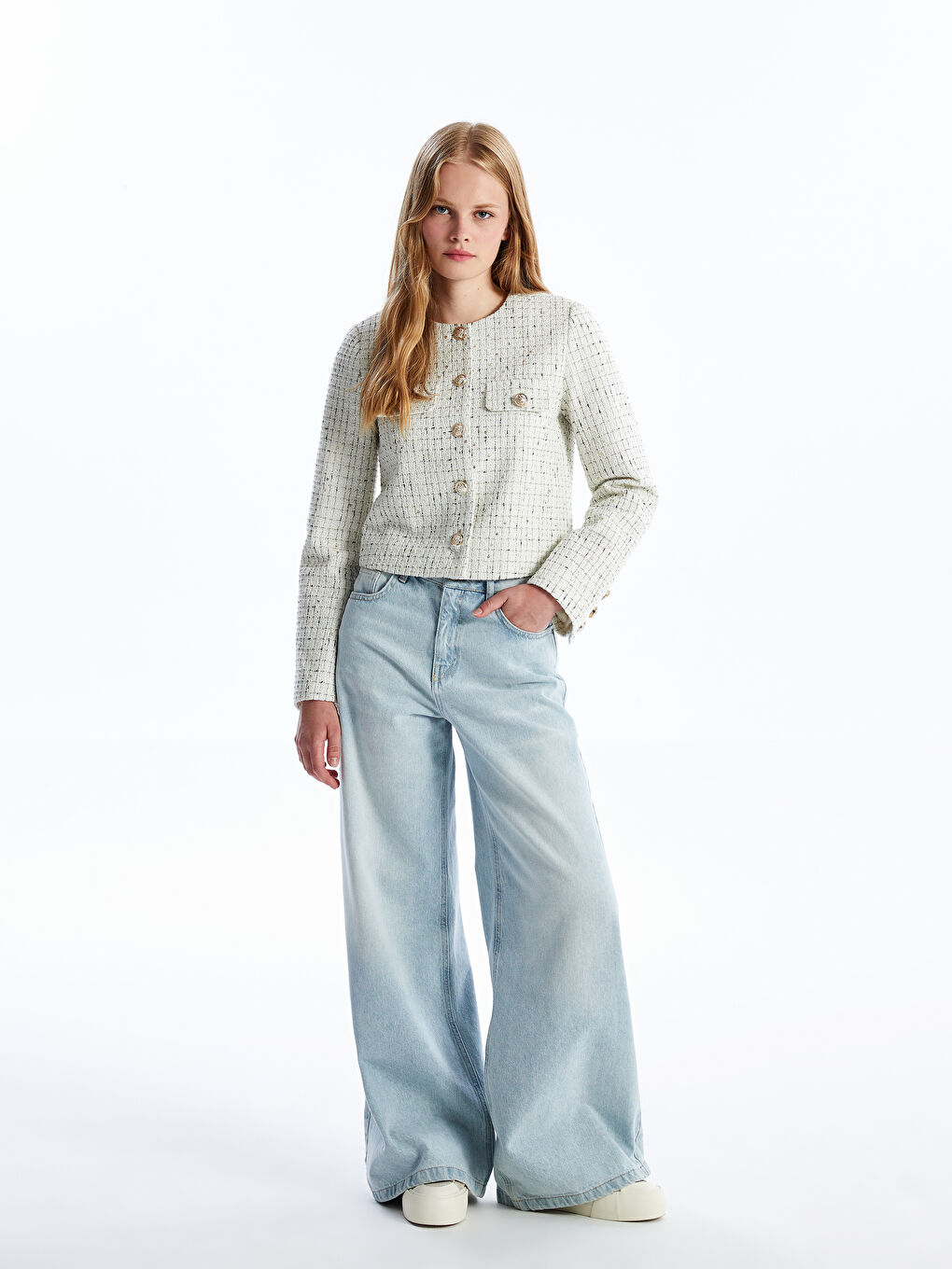 Пиджак из твида в клетку с круглым вырезом для женщин-1