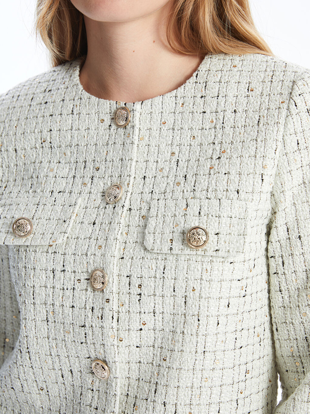 Пиджак из твида в клетку с круглым вырезом для женщин-2