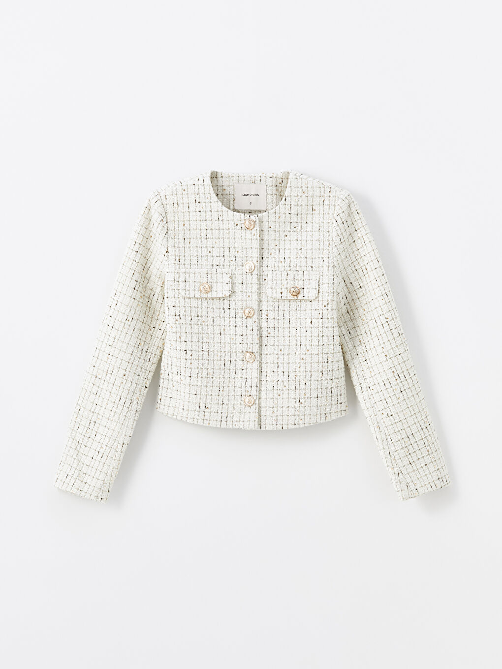 Пиджак из твида в клетку с круглым вырезом для женщин-4