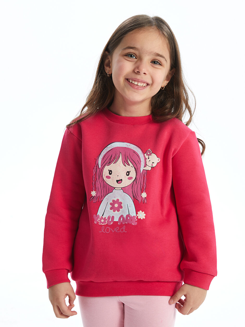 LCW Kids Fuşya Bisiklet Yaka Baskılı Kalın Kız Bebek Sweatshirt