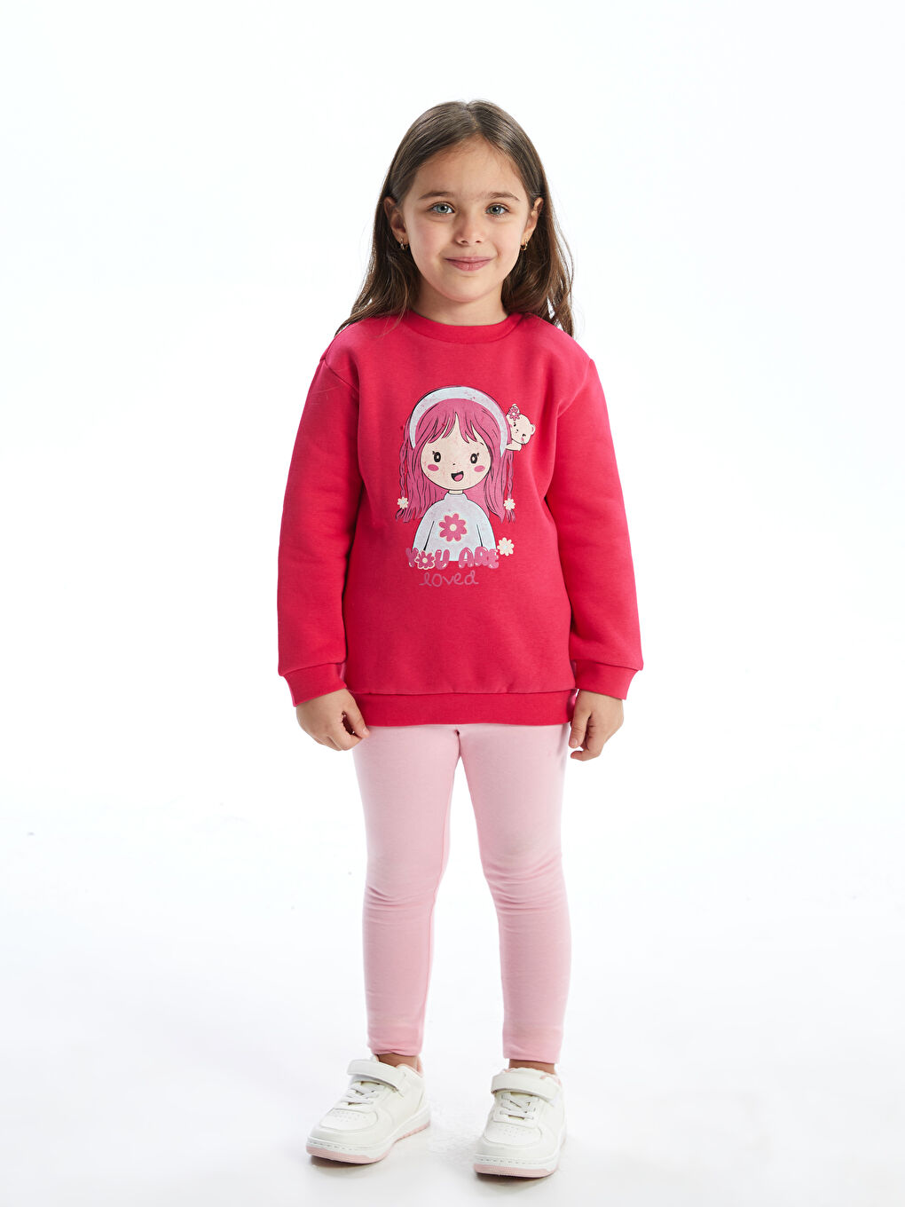 LCW Kids Fuşya Bisiklet Yaka Baskılı Kalın Kız Bebek Sweatshirt - 1