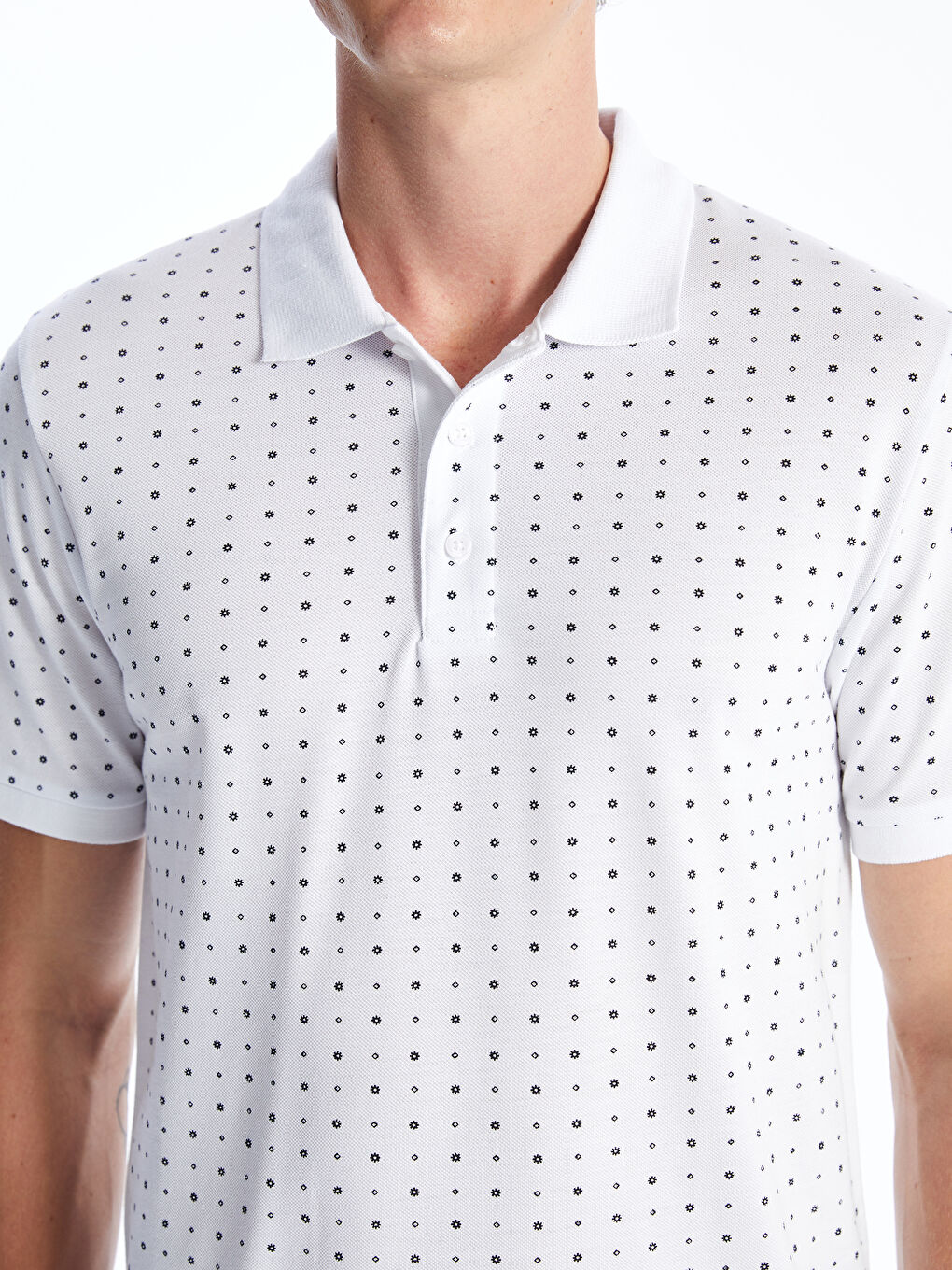 Beyaz Polo Yaka Kısa Kollu Desenli Pike Erkek Tişört-2