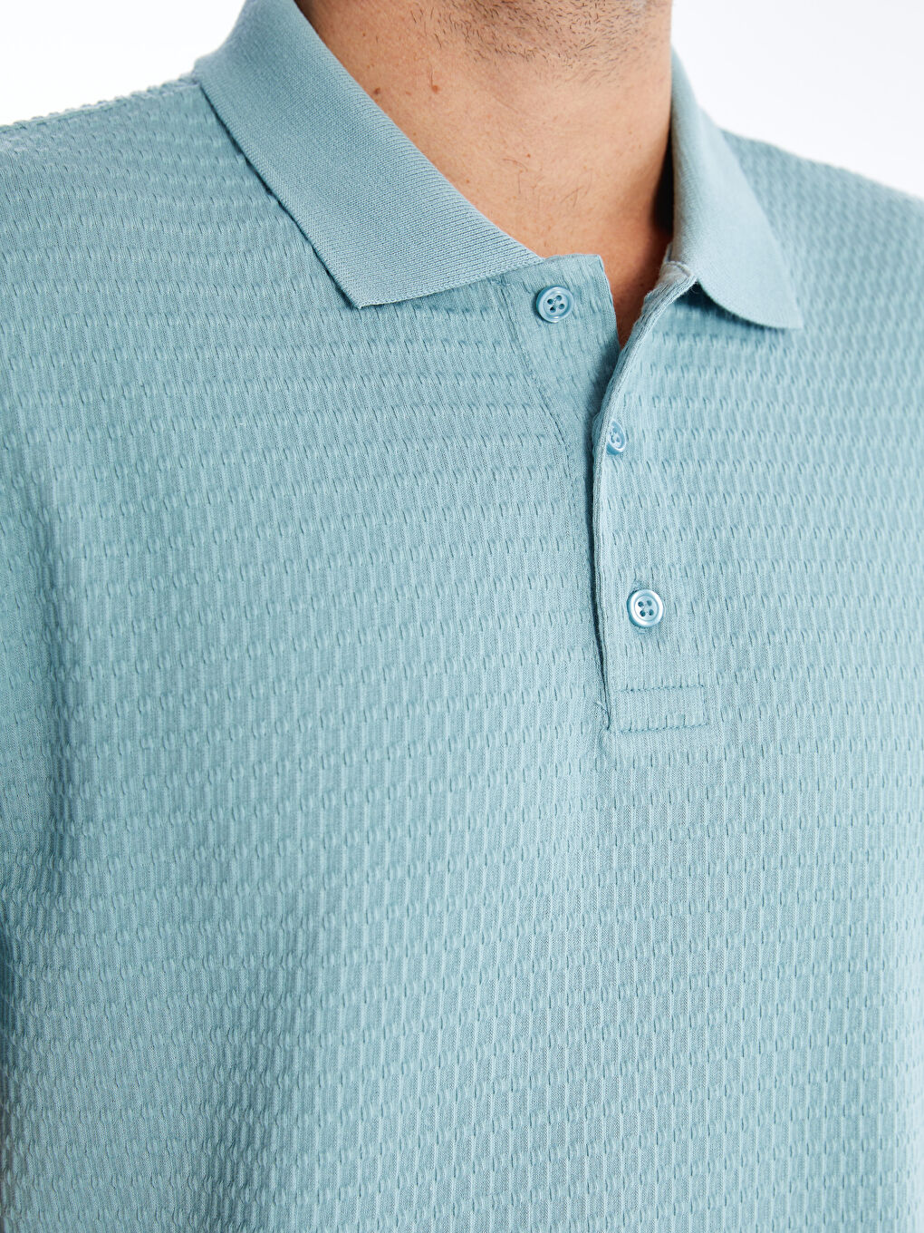 Mavi Polo Yaka Kısa Kollu Erkek Dokulu Tişört-2