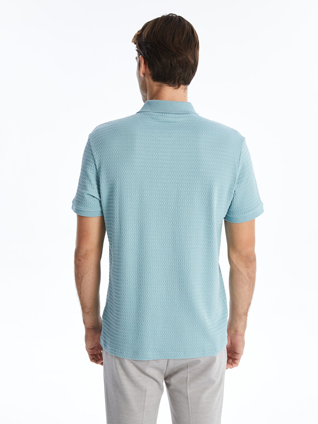 Mavi Polo Yaka Kısa Kollu Erkek Dokulu Tişört-4