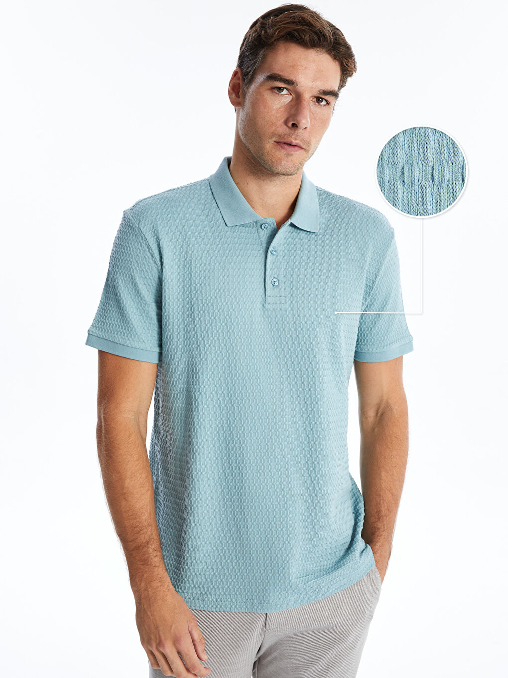 Mavi Polo Yaka Kısa Kollu Erkek Dokulu Tişört