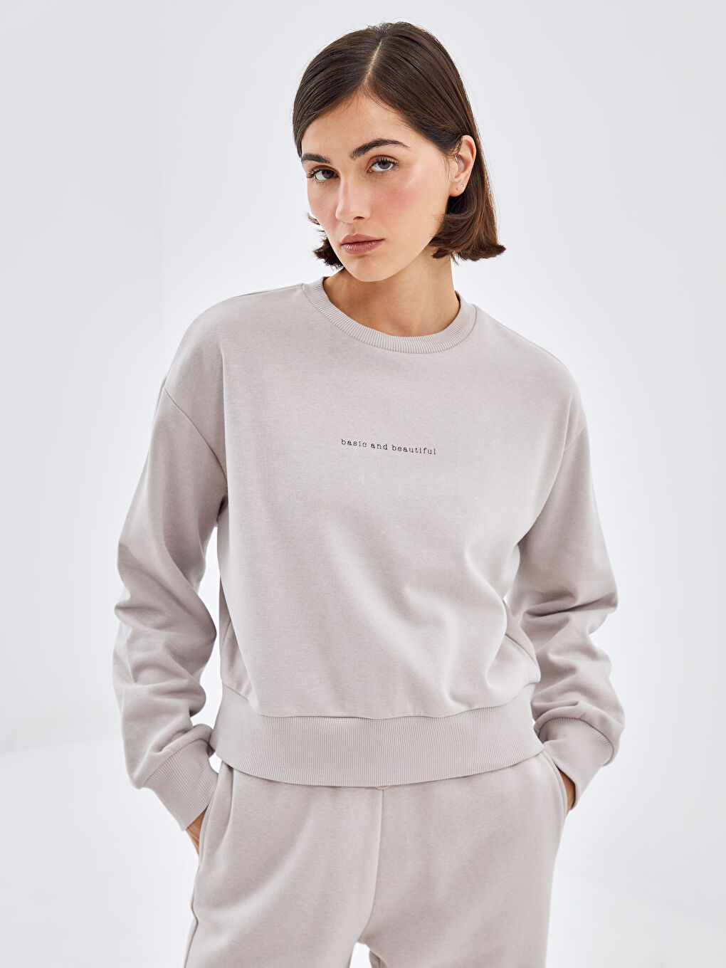 LCW Vision Gri Bisiklet Yaka Baskılı Oversize Kadın Kalın Sweatshirt