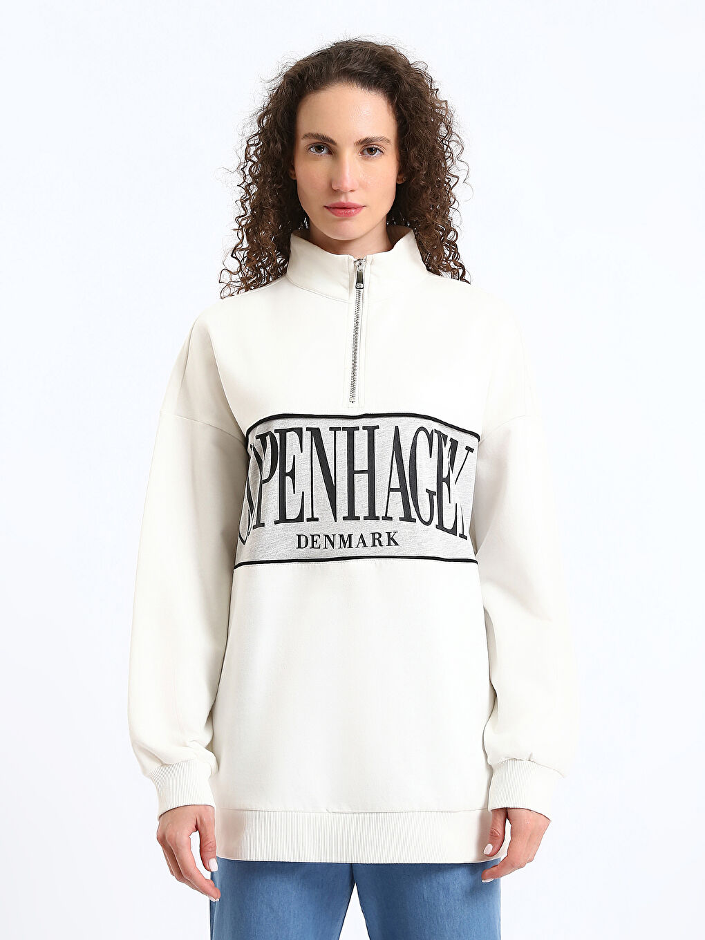 Funnel Neck Printed Oversize Women's Thick Sweatshirt