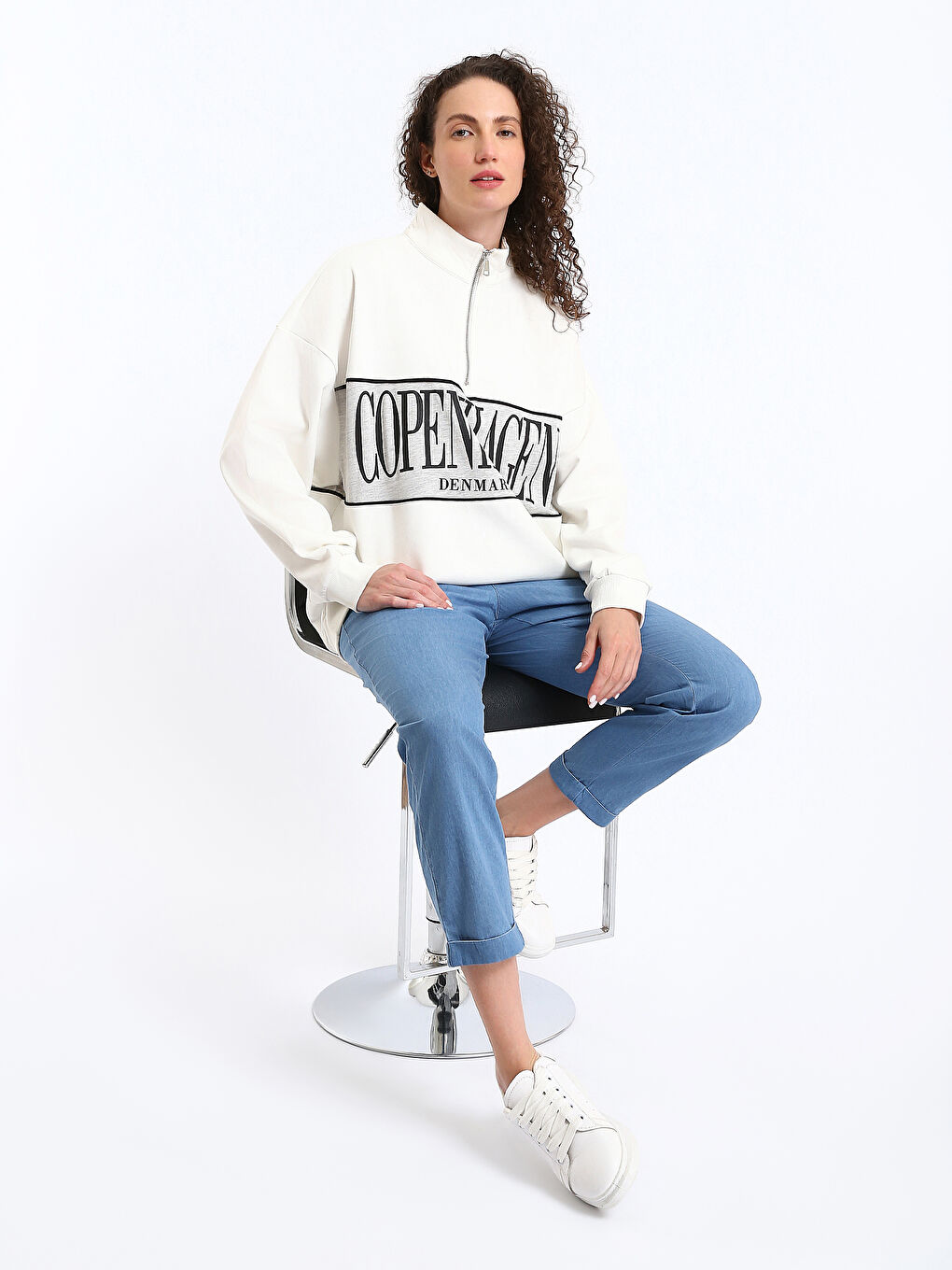Funnel Neck Printed Oversize Women's Thick Sweatshirt-1
