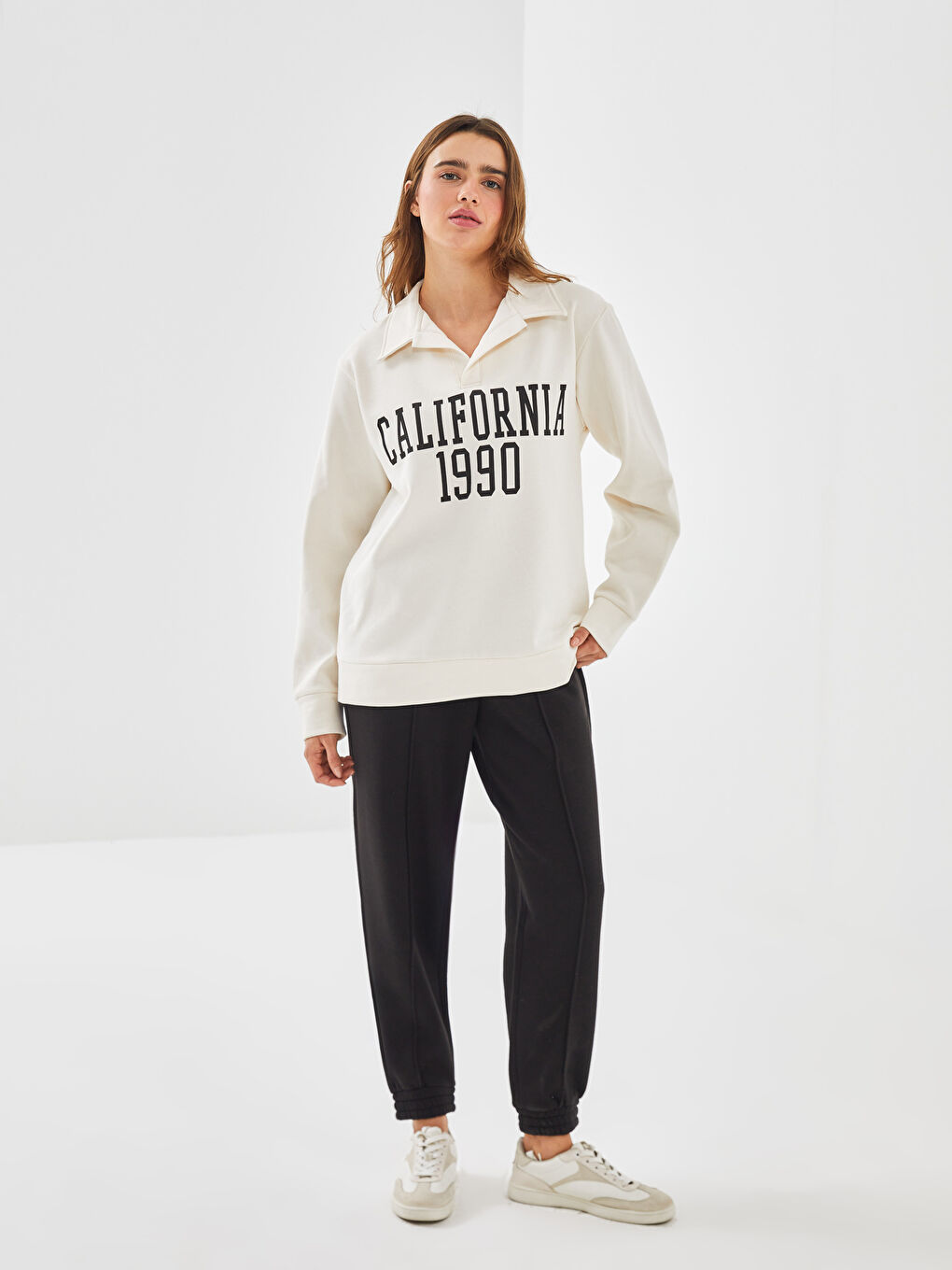 Polo Neck Printed Oversize Women's Thick Sweatshirt-1