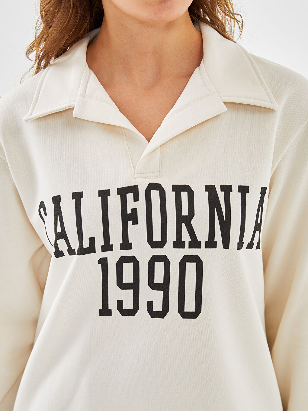 Polo Neck Printed Oversize Women's Thick Sweatshirt-2