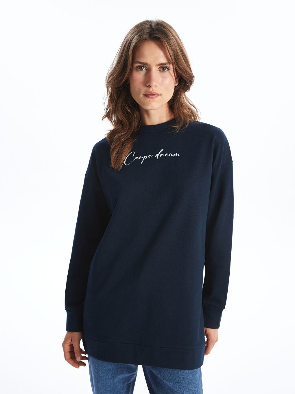 تونيك سويتشيرت نسائي أوفراسايز مطبوع بياقة دائرية