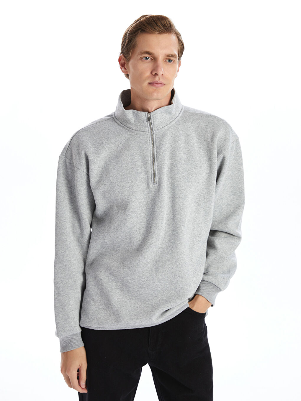 LCW ECO Açık Gri Melanj Dik Yaka Uzun Kollu Erkek Sweatshirt