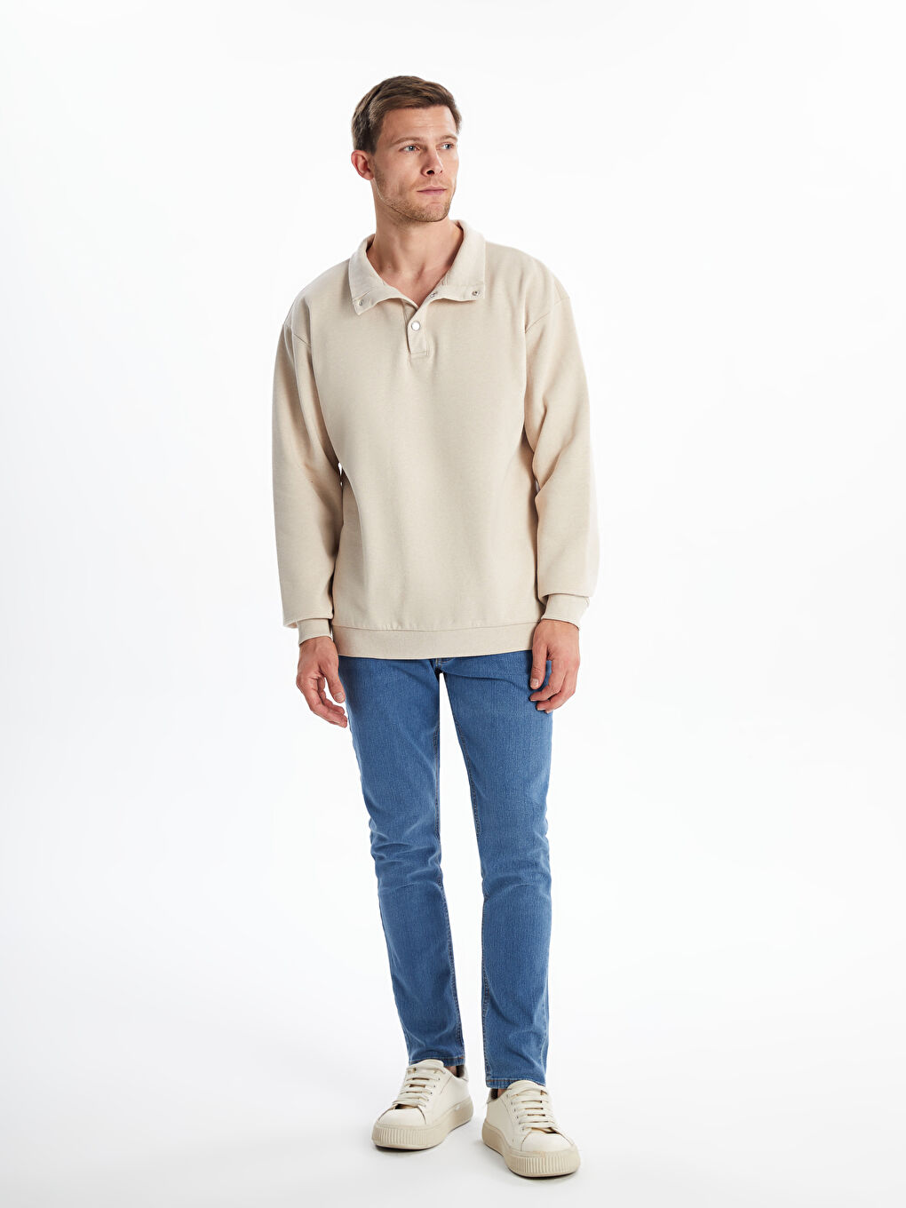 LCW ECO Açık Bej Dik Yaka Uzun Kollu Erkek Sweatshirt - 1