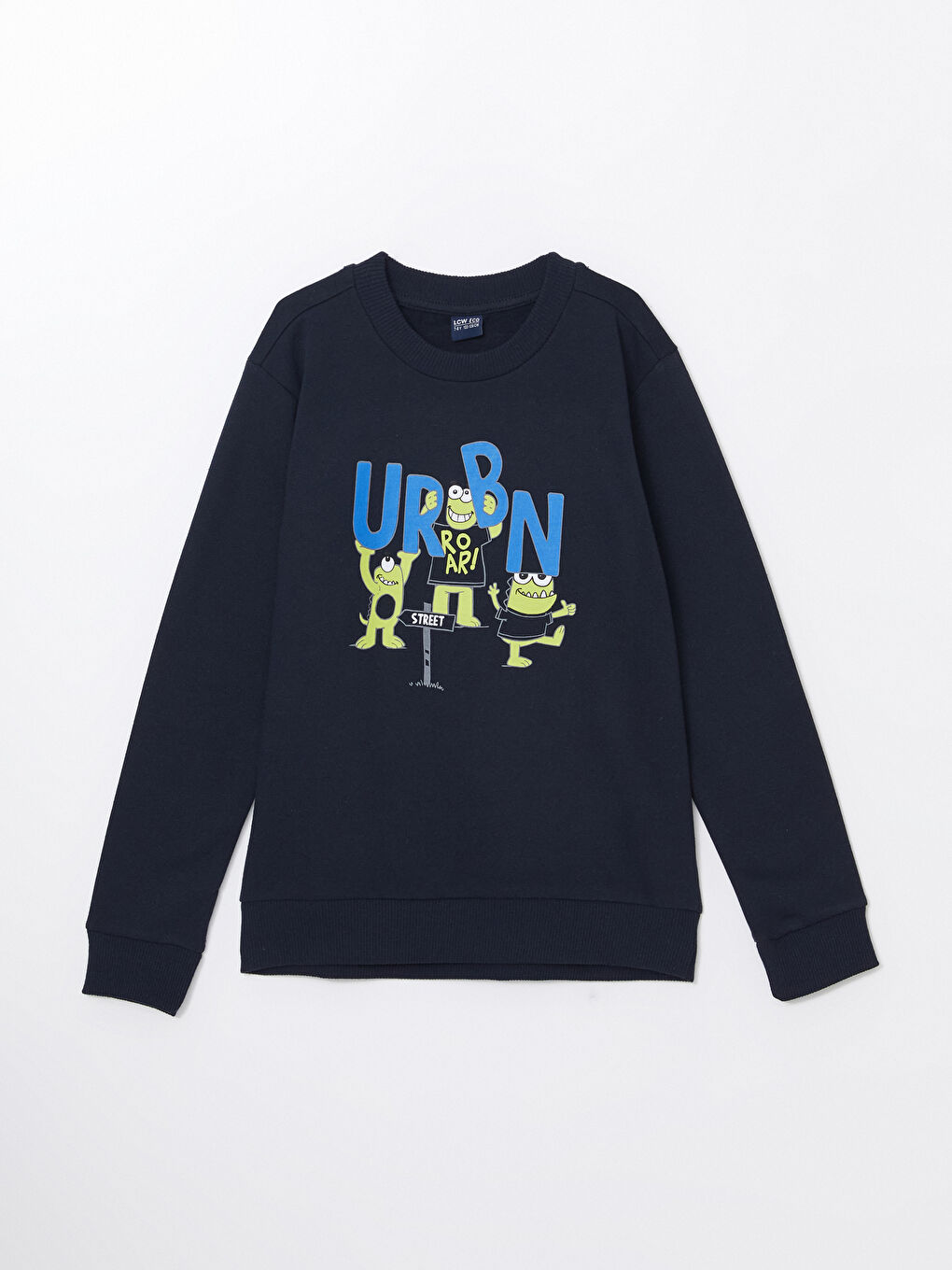 LCW ECO Lacivert Bisiklet Yaka Baskılı Uzun Kollu Erkek Çocuk Sweatshirt