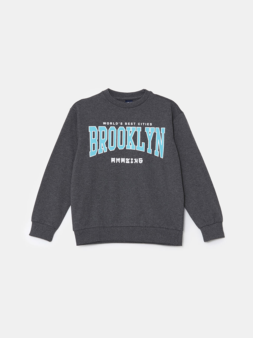 LCW ECO Koyu Gri Melanj Bisiklet Yaka Baskılı Uzun Kollu Erkek Çocuk Sweatshirt