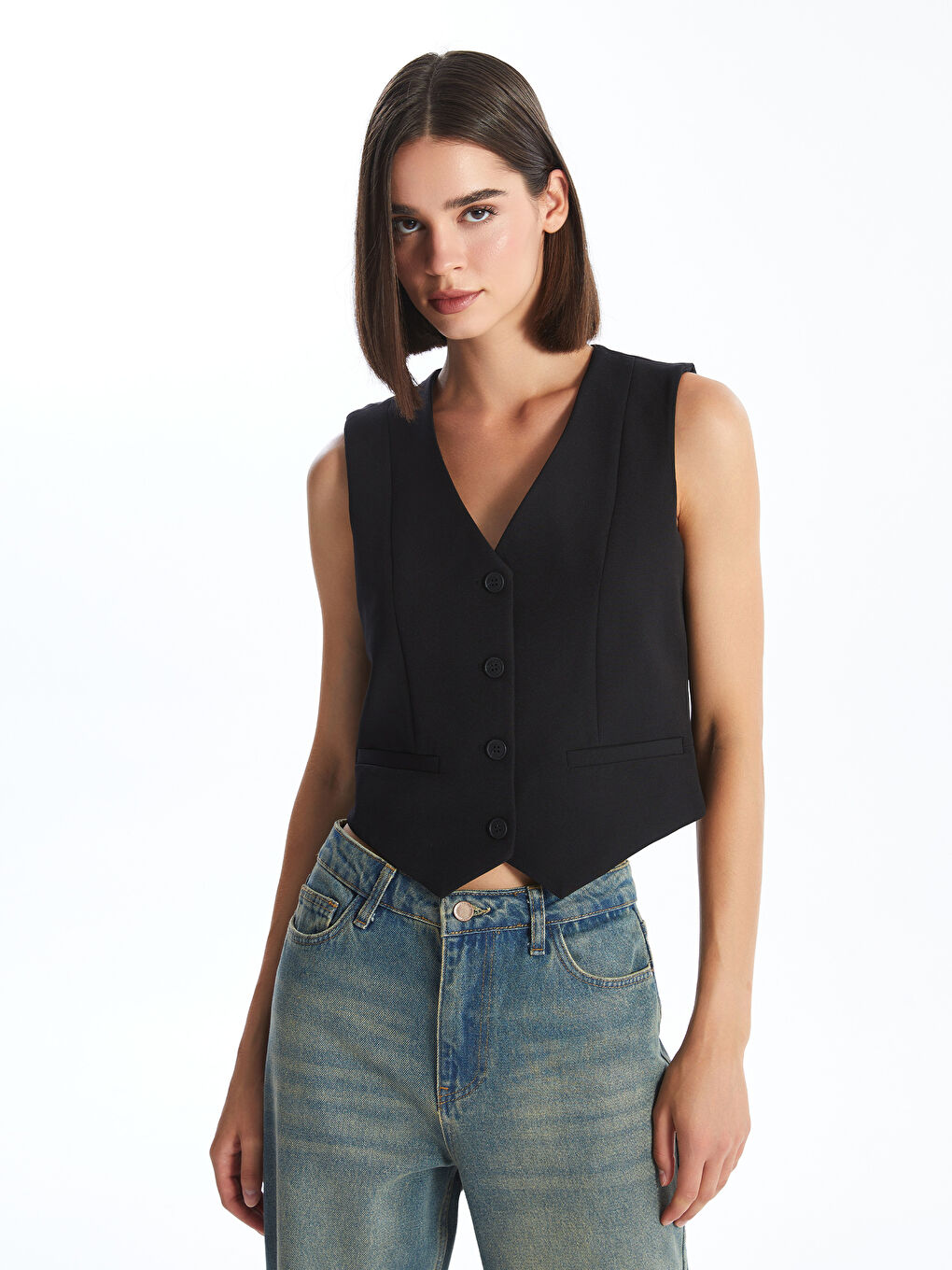 LCW Vision Women's V Neck Plain Classic Waistcoat -W4IJ18Z8-CVL