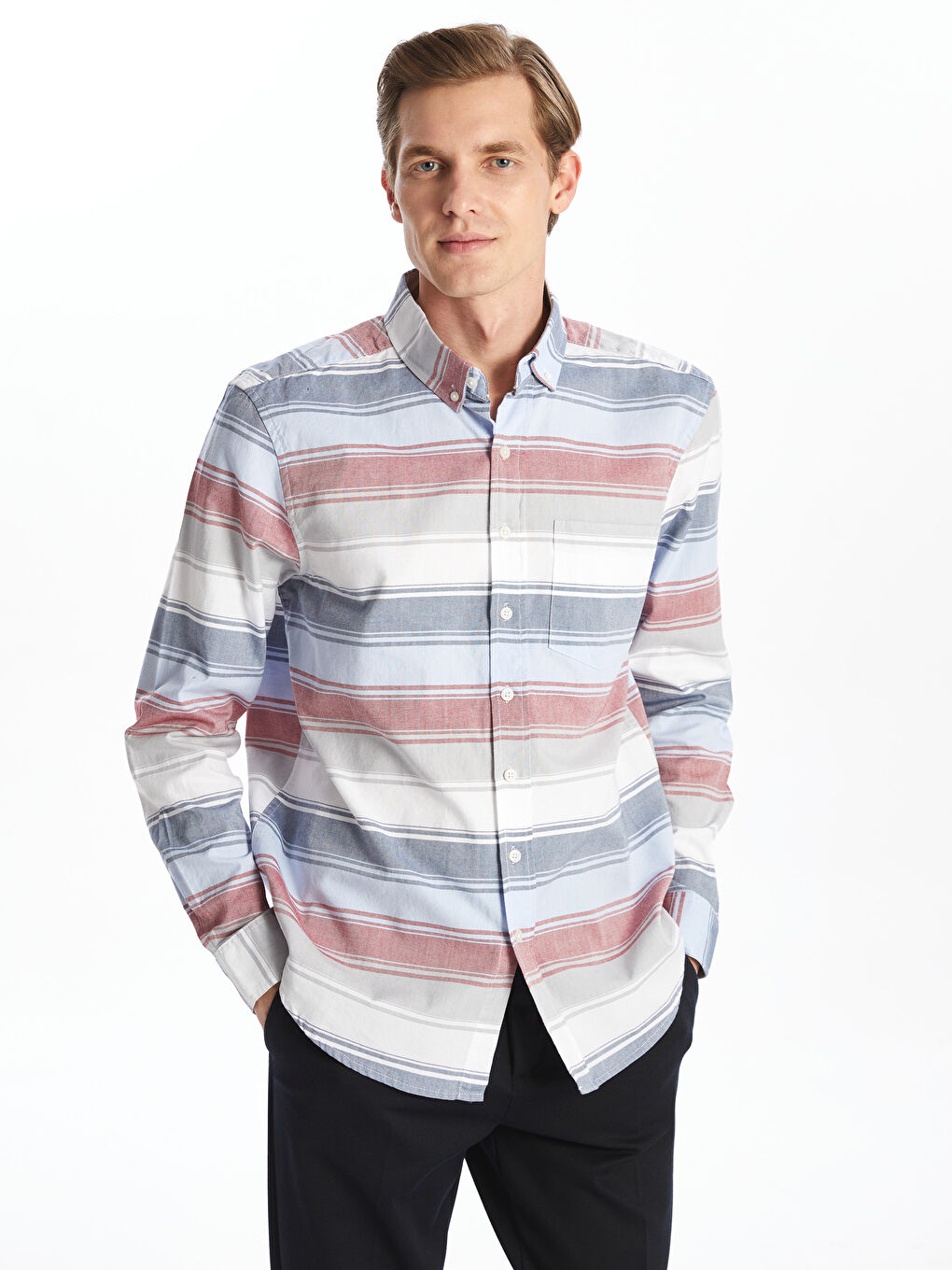 قميص رجالي كم طويل مخطط بقصة عادية