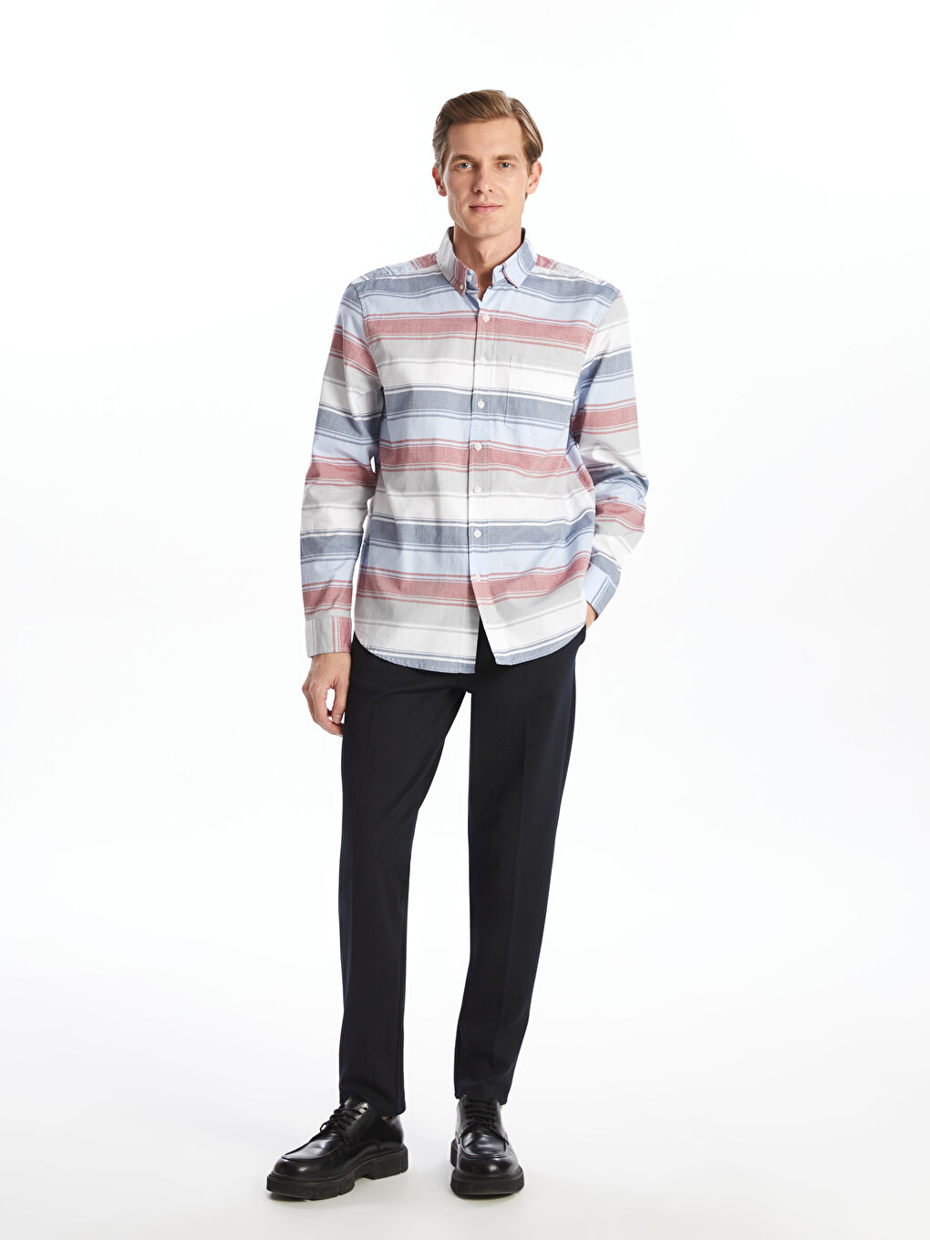 قميص رجالي كم طويل مخطط بقصة عادية-1