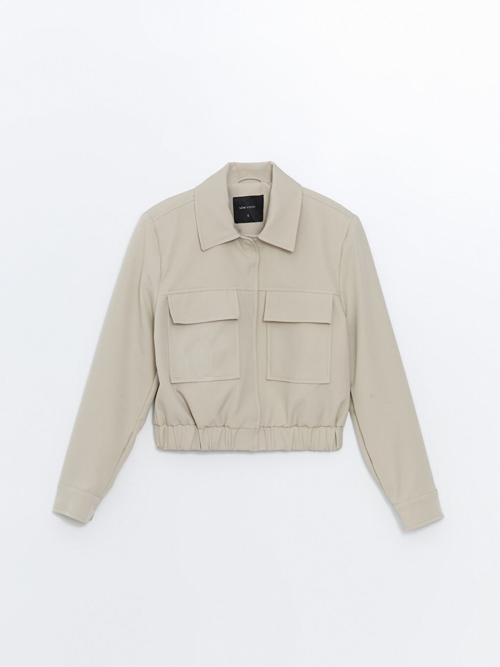 Bej Gömlek Yaka Düz Uzun Kollu Kadın Ceket-5