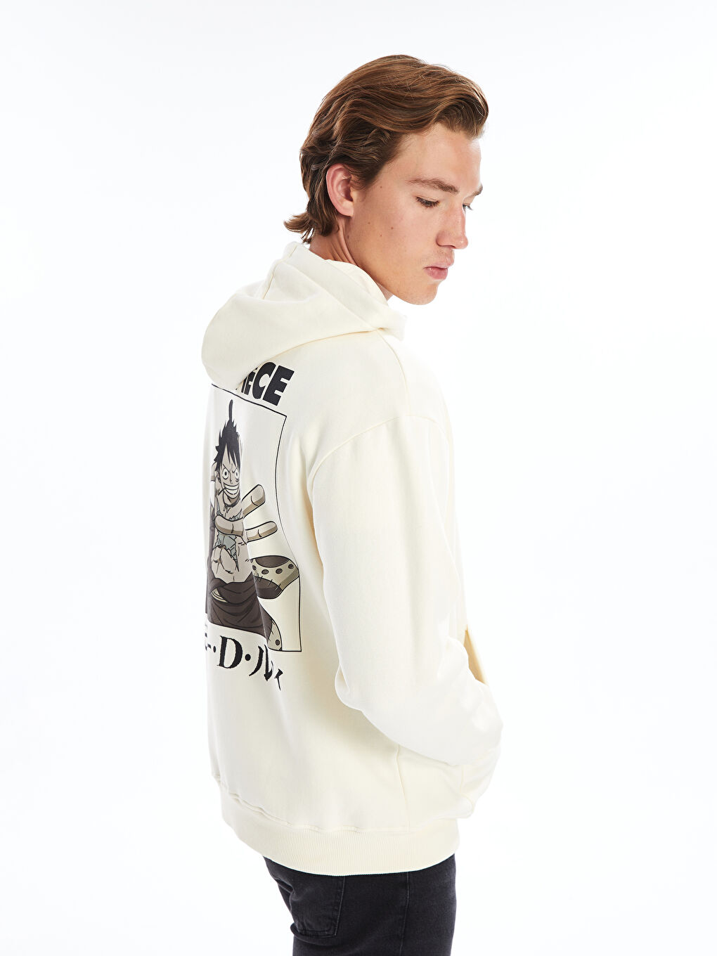 XSIDE Uçuk Bej Uzun Kollu One Piece Baskılı Erkek Hoodie