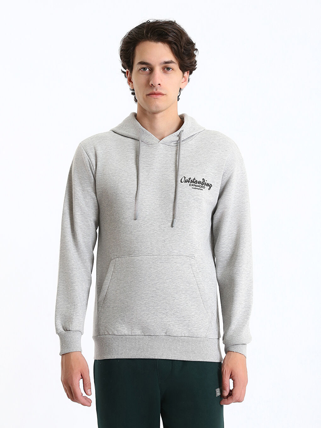 Gri Uzun Kollu Baskılı Erkek Kalın Hoodie