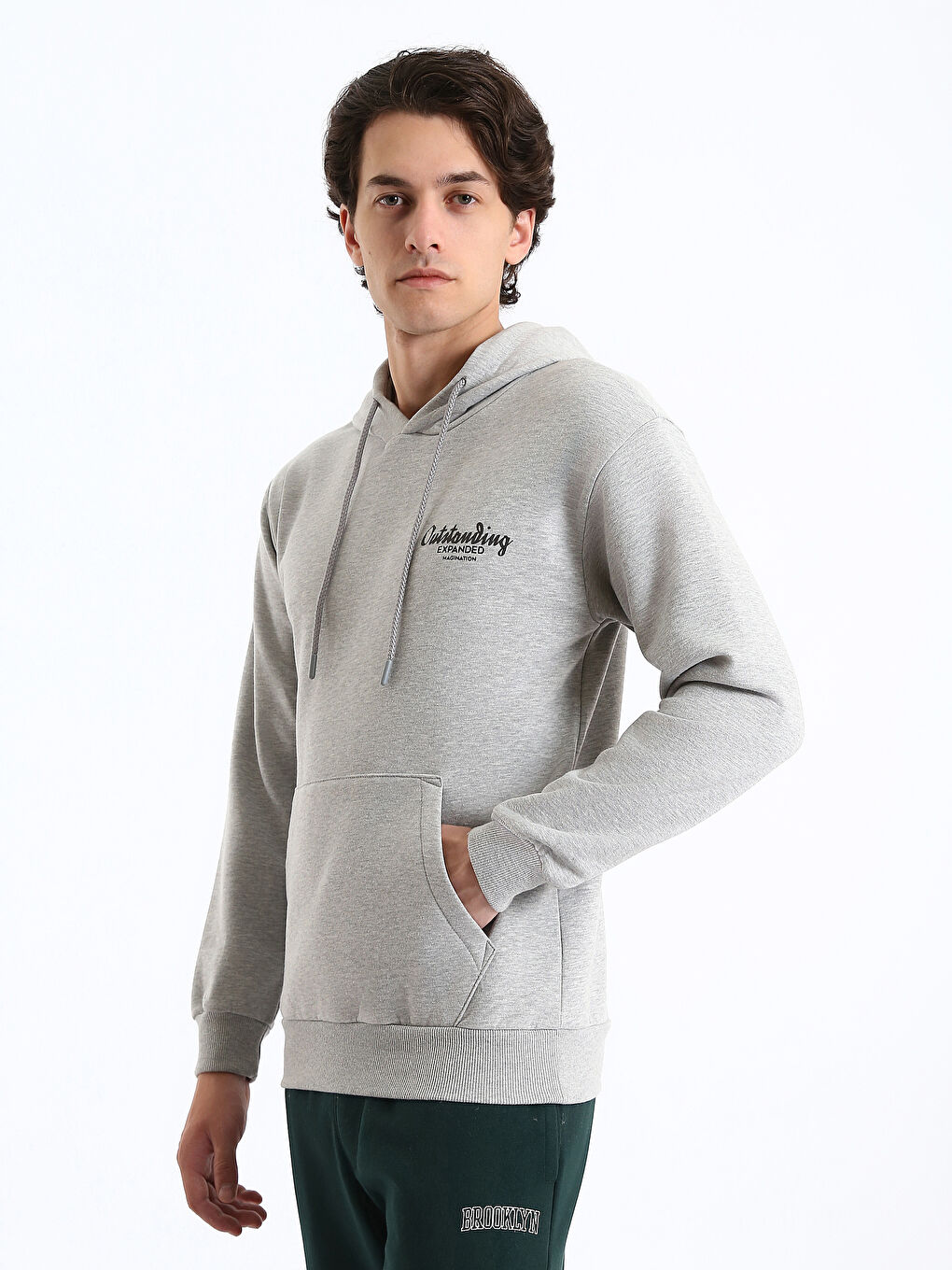 Gri Uzun Kollu Baskılı Erkek Kalın Hoodie-3