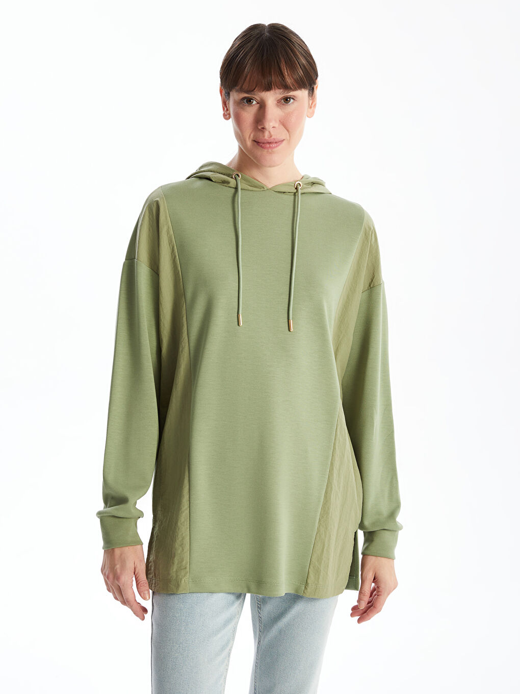 LCWAIKIKI Basic Yeşil Kapüşonlu Renk Bloklu Oversize Kadın Sweatshirt Tunik