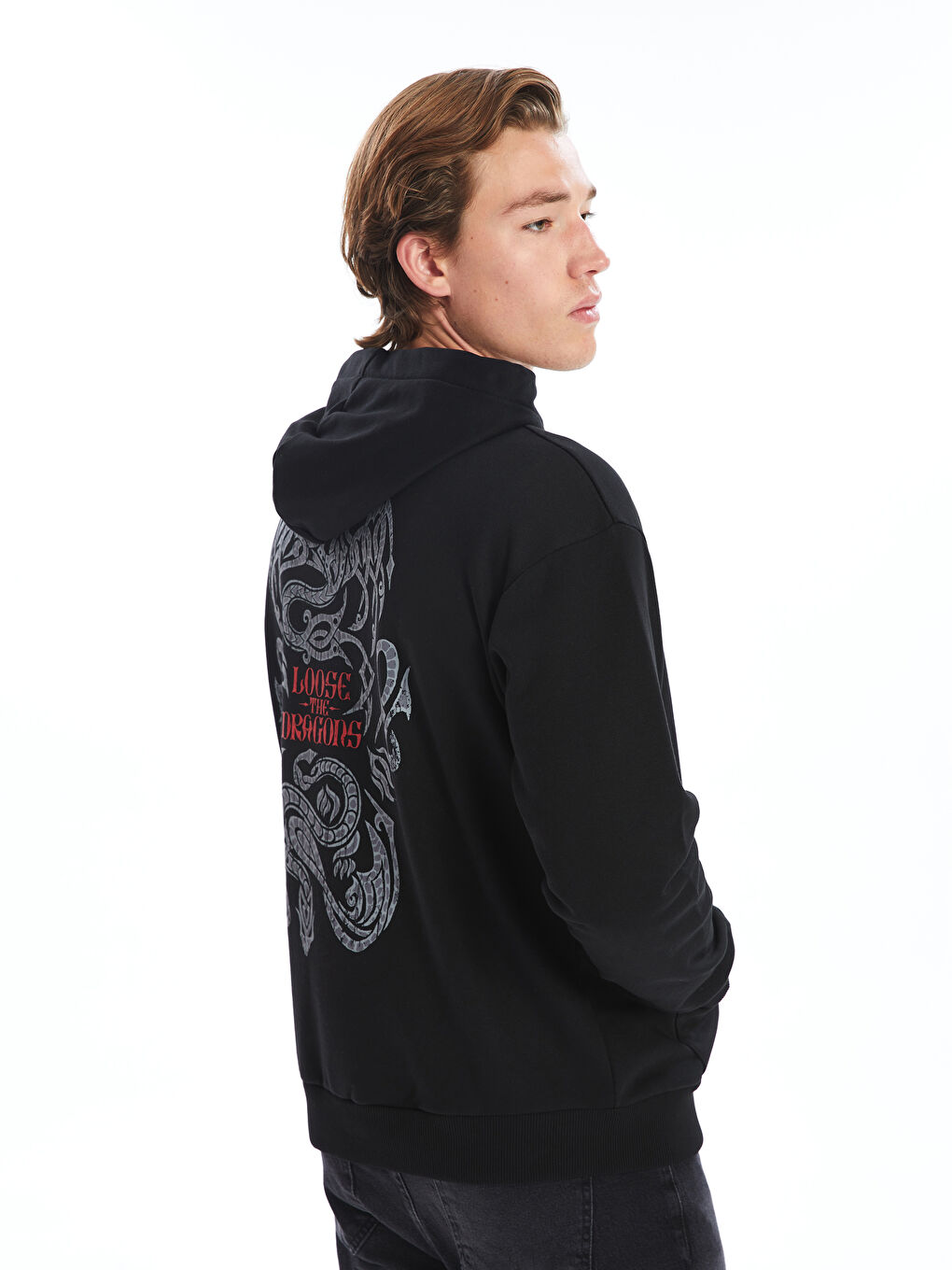 XSIDE Yeni Siyah Uzun Kollu Baskılı Erkek Hoodie