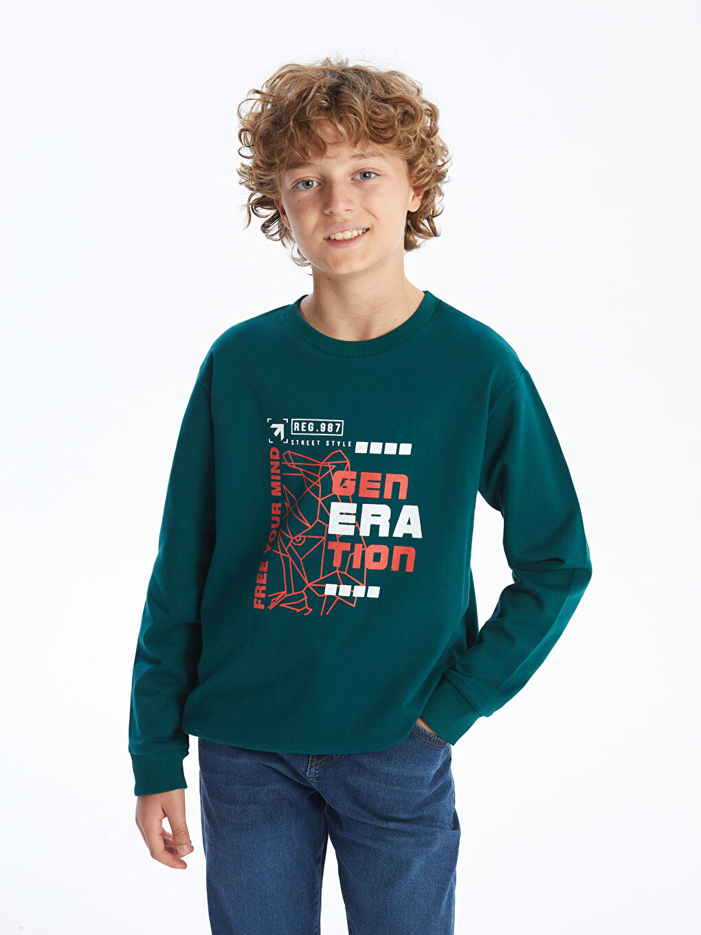 LCW Kids Yeşil Bisiklet Yaka Erkek Çocuk Sweatshirt