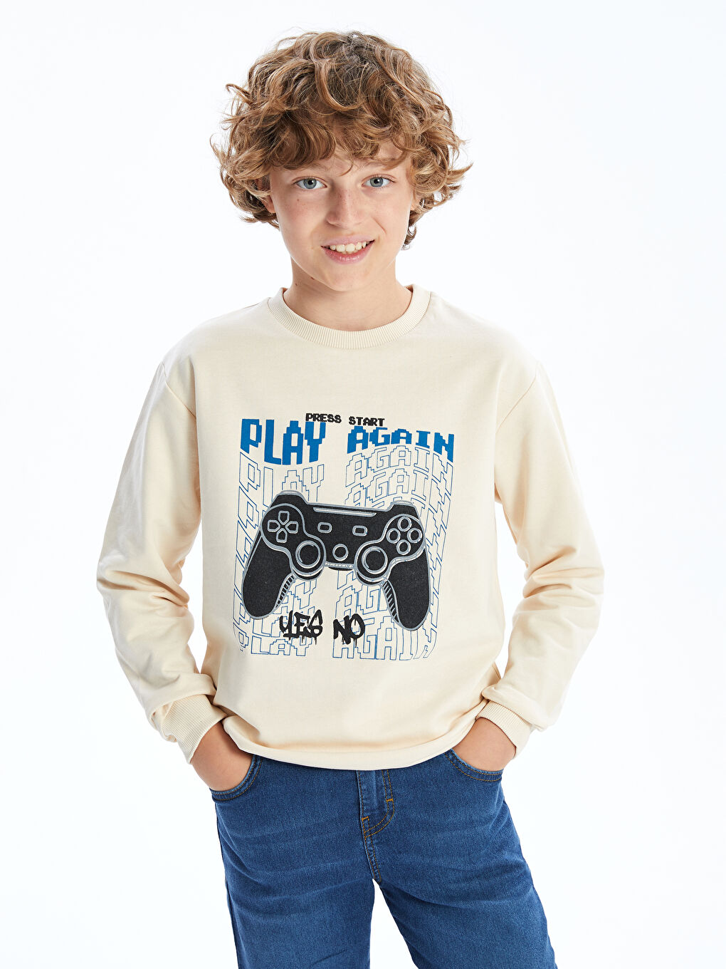 LCW Kids Bej Bisiklet Yaka Erkek Çocuk Sweatshirt