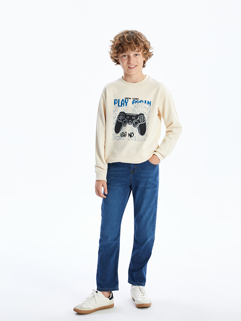 LCW Kids Bej Bisiklet Yaka Erkek Çocuk Sweatshirt - 1