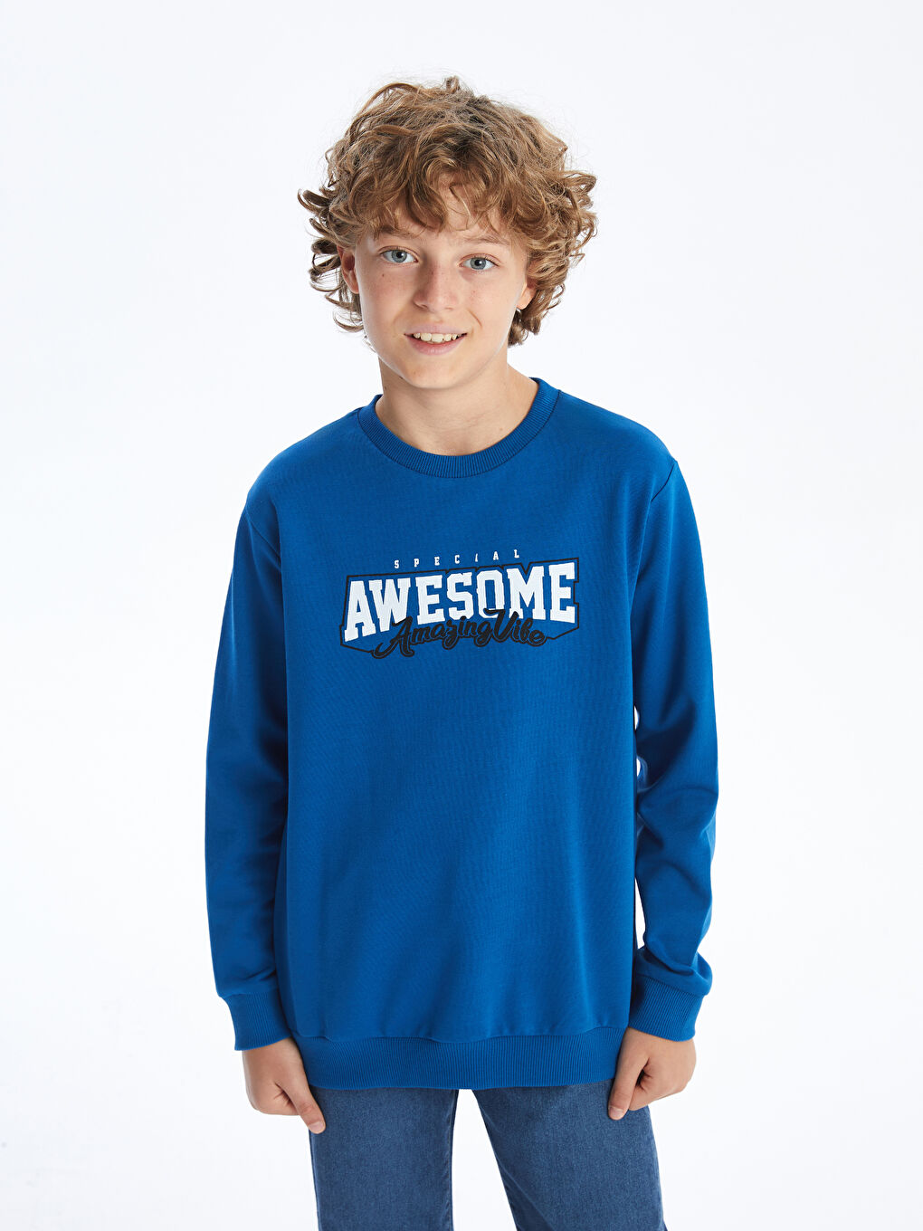 LCW Kids Koyu Mavi Bisiklet Yaka Erkek Çocuk Sweatshirt