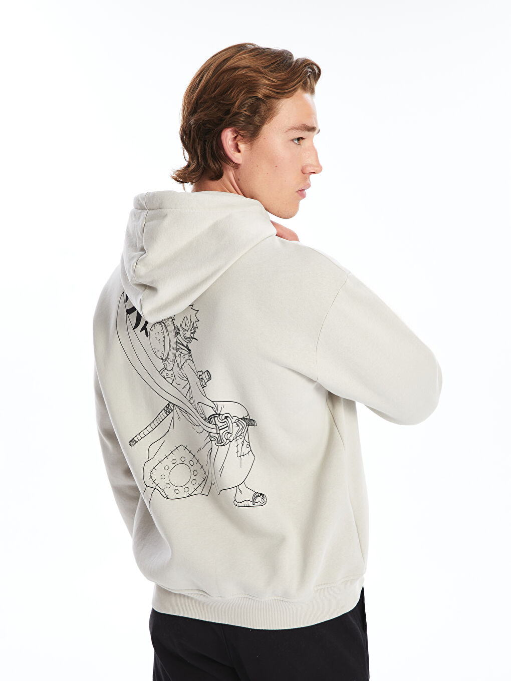 XSIDE Açık Gri Uzun Kollu One Piece Baskılı Erkek Hoodie