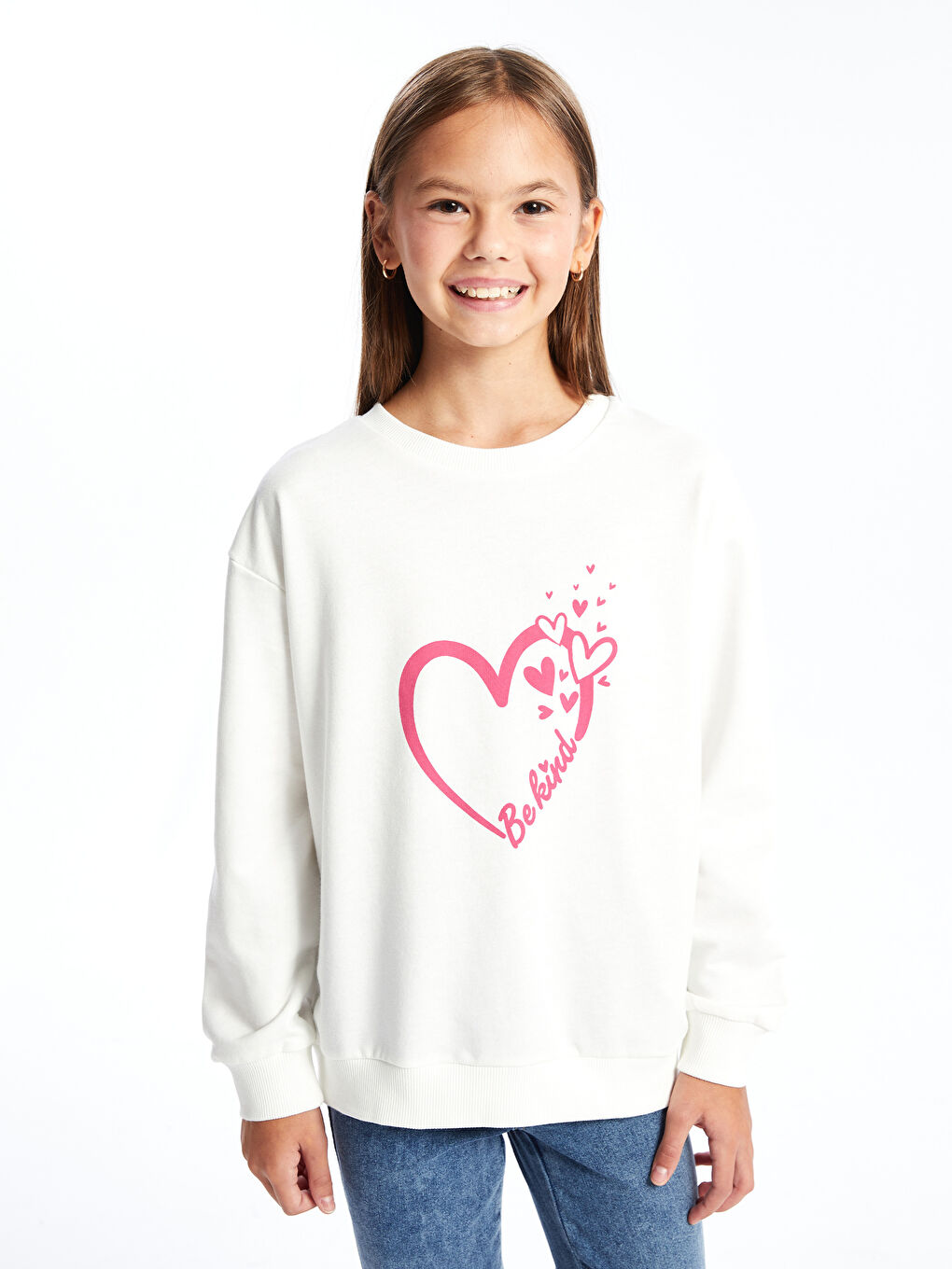 LCW Kids Beyaz Bisiklet Yaka Kız Çocuk Sweatshirt - 1