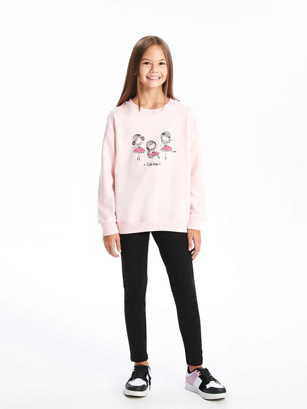 LCW Kids Pembe Bisiklet Yaka Kız Çocuk Sweatshirt