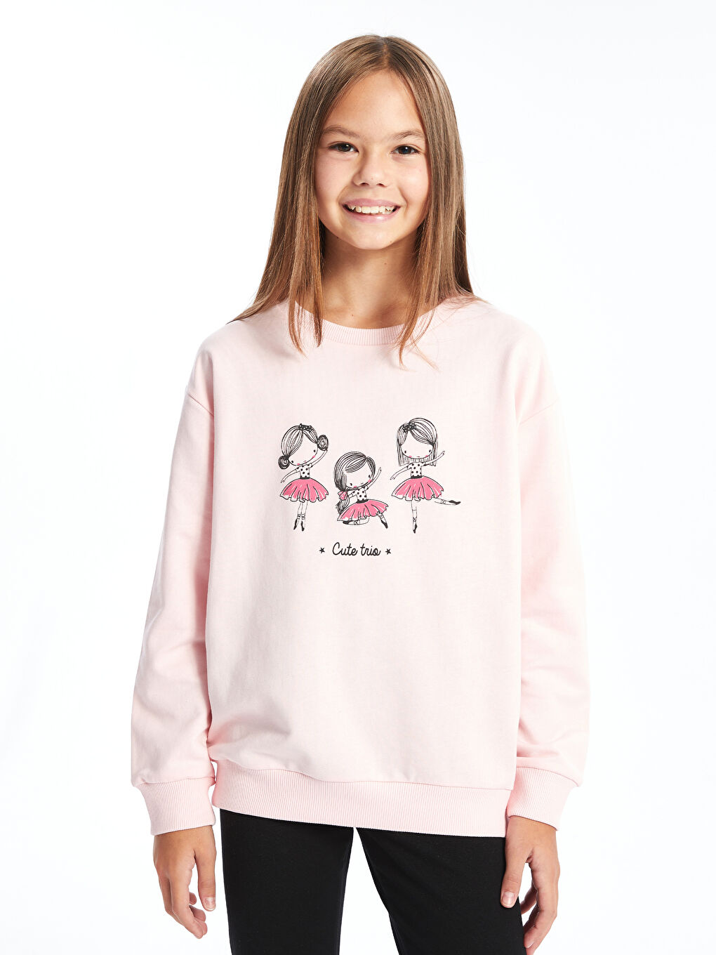 LCW Kids Pembe Bisiklet Yaka Kız Çocuk Sweatshirt - 1