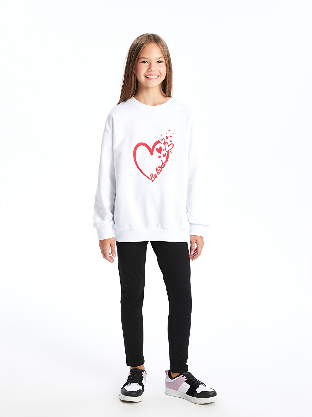 LCW Kids Beyaz Bisiklet Yaka Kız Çocuk Sweatshirt